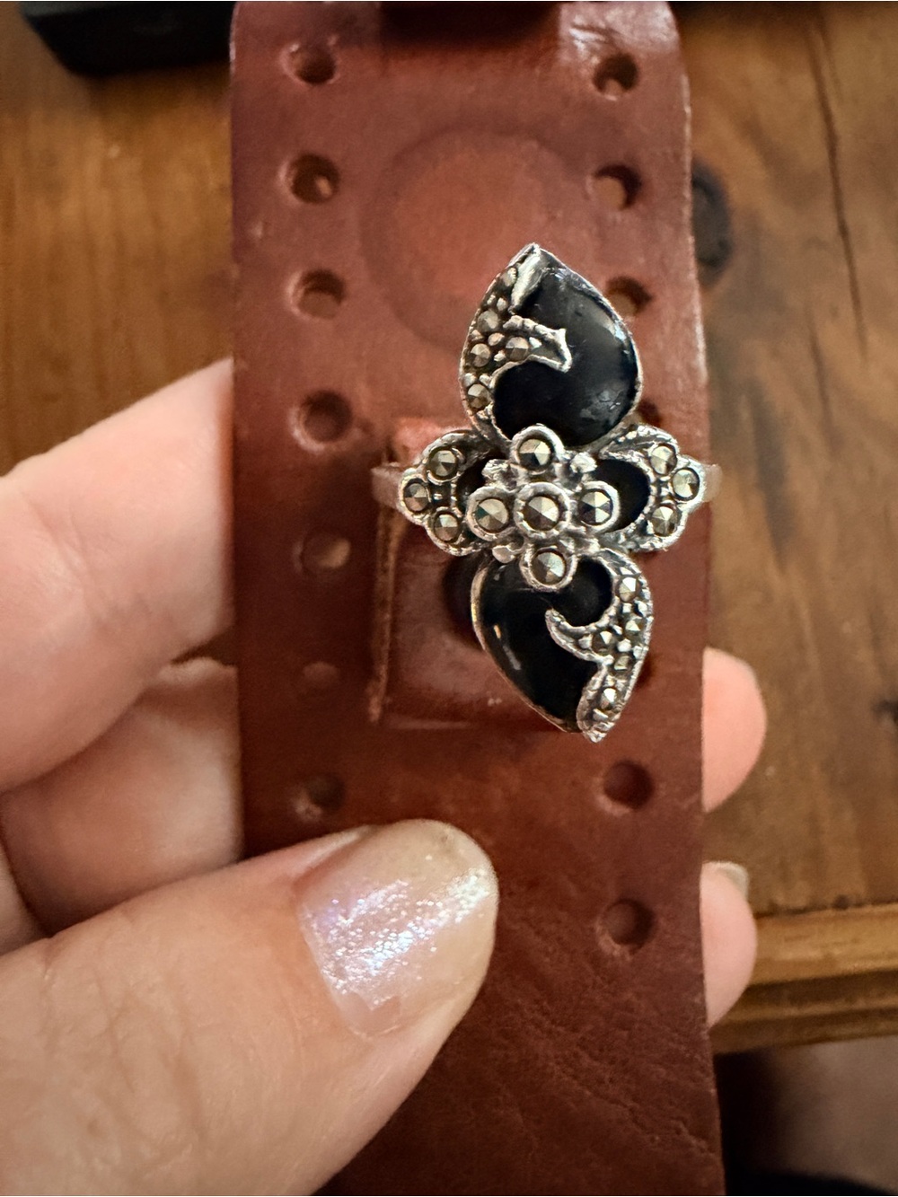 Vintage Black Onyx Marcasite Floral Ring - Women Jewelry